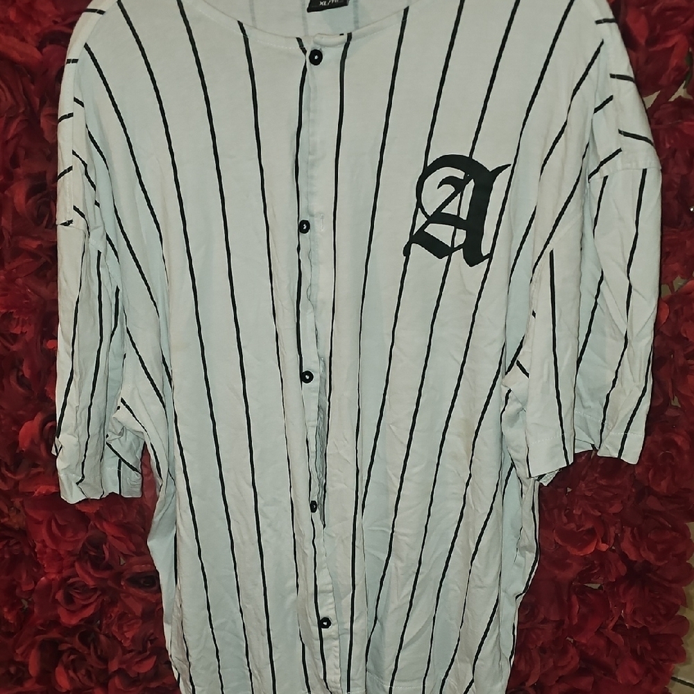 Pop Man Striped Button-Up Shirt with Black "A's"  Lettering Size Xlarge
